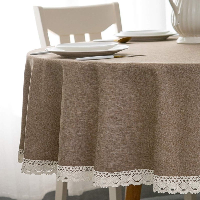 EHouseHome Faux Linen Tablecloth with Lace Trim - Waterproof/Spill Proof/Stain Resistant/Wrinkle Free/Oil Proof - for Banquet, Parties, Dinner,Kitchen,Wedding,Coffee,Holiday,Flax,Round 70Inch - Image 1
